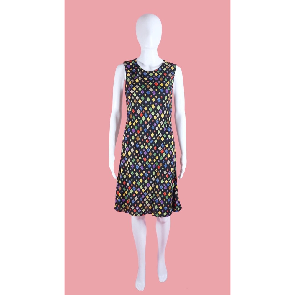 1990s-Y2K TESSUTO. Keyhole. FLORAL Colorful DIAMOND. Geometric Print Dress. S-M